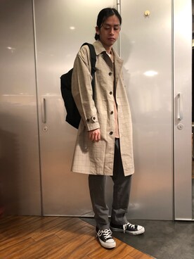 「RAGEBLUE（レイジブルー）のアイテム（ステンカラーコート）」を使った、藤瀬さん（メンズ・180cm）の春コーディネート