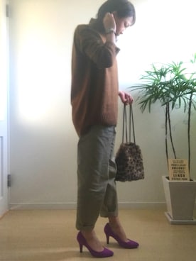 「GU（ジーユー）のアイテム（ニット/セーター、ブラウン系）」を使った、yuriri☺︎さん（レディース・154cm）の冬コーディネート