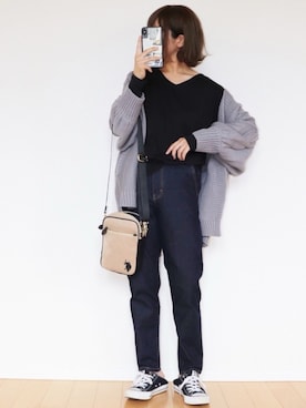「Chaco closet（チャコ クローゼット）のケーブル編みニットボリュームスリーブルーズカーディガン（カーディガン/ボレロ）」を使った、canさん（レディース・156cm）の秋コーディネート