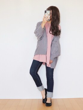 「Chaco closet（チャコ クローゼット）のケーブル編みニットボリュームスリーブルーズカーディガン（カーディガン/ボレロ）」を使った、canさん（レディース・156cm）の秋コーディネート