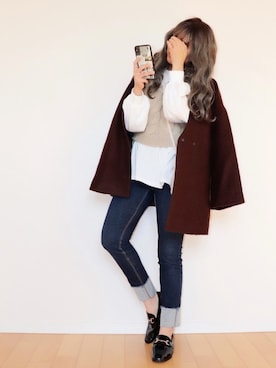 「ロールアップ」｜「アイテム（ノーカラージャケット）」を使った、canさん（レディース・156cm）の秋コーディネート