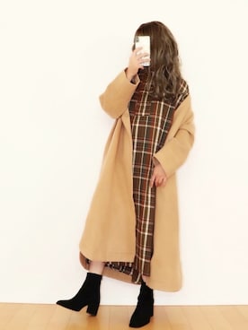 「チェックワンピース」｜「アイテム（ノーカラージャケット）」を使った、canさん（レディース・156cm）の冬コーディネート