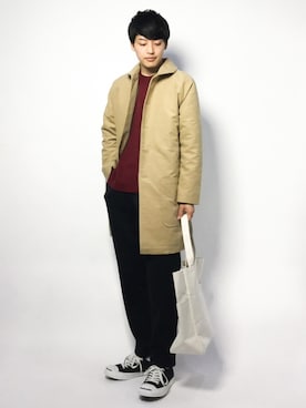 「レッド」｜「アイテム（ステンカラーコート）」を使った、togiさん（メンズ・170cm）の秋コーディネート