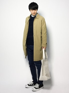 「クルーネックニット」｜「アイテム（ステンカラーコート）」を使った、togiさん（メンズ・170cm）の冬コーディネート