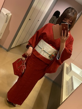 「アイテム（着物、レッド系）」を使った、ark0v0hacoさん（レディース・154cm）の秋コーディネート