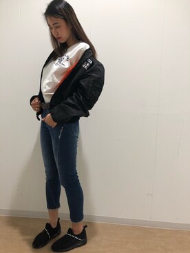 「半袖シャツ」｜「アイテム（MA-1）」を使った、チャンスミさん（レディース・165cm）の春コーディネート