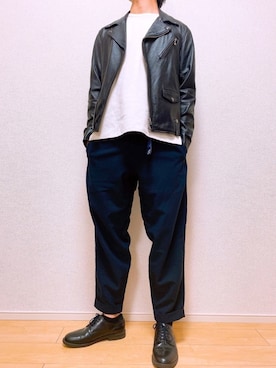 「MONKEY TIME（モンキータイム）のアイテム（ライダースジャケット）」を使った、No-Muさん（メンズ・170cm）の春コーディネート