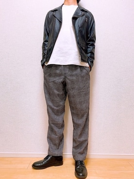 「MONKEY TIME（モンキータイム）のアイテム（ライダースジャケット）」を使った、No-Muさん（メンズ・170cm）の春コーディネート