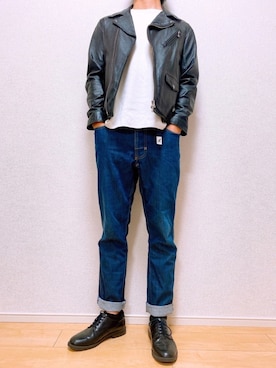 「MONKEY TIME（モンキータイム）のアイテム（ライダースジャケット）」を使った、No-Muさん（メンズ・170cm）の春コーディネート