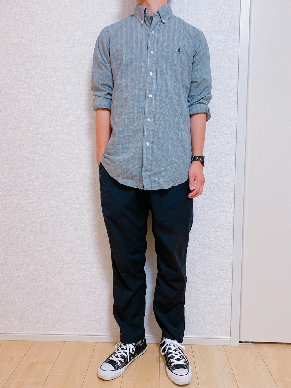 「ラルフローレン、スラックス、コンバース、カジュアルシャツ、グレンチェック」｜「POLO RALPH LAURENのアイテム（シャツ/ブラウス、グレー系）」を使った、No-Muさん（メンズ・170cm）の夏コーディネートの1枚目の写真