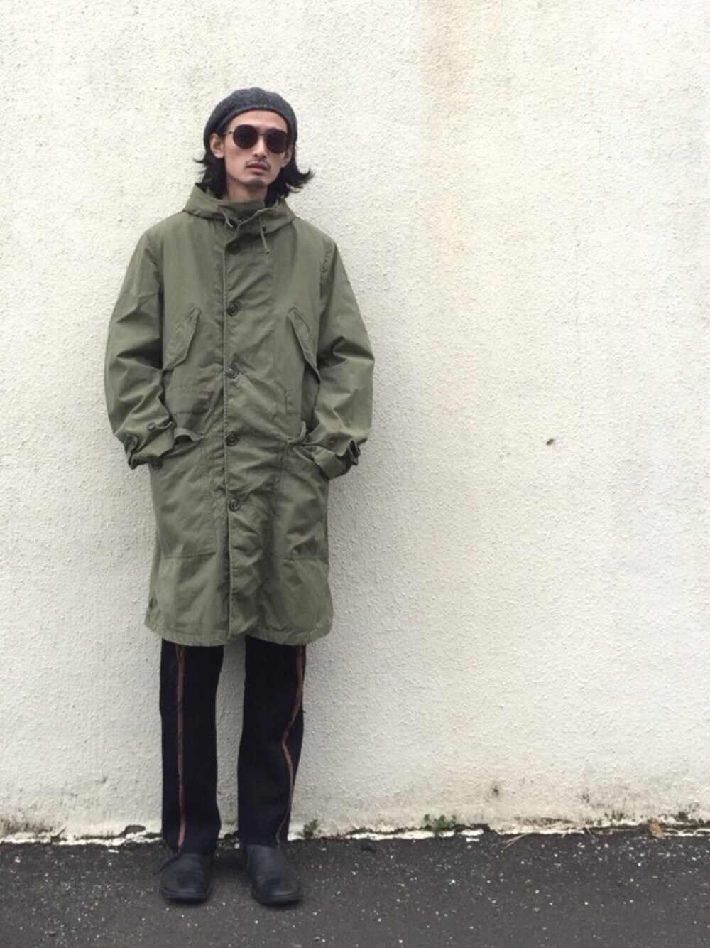 「VINTAGE、モッズコート、M-47、COMME des GARCONS、Martin Margiela、KIJIMA TAKAYUKI、mykita、bernhard willhelm」｜「KIJIMA TAKAYUKIのアイテム（ハンチング/ベレー帽、グレー系）」を使った、君嶋麻耶さん（メンズ・176cm）の冬コーディネートの1枚目の写真