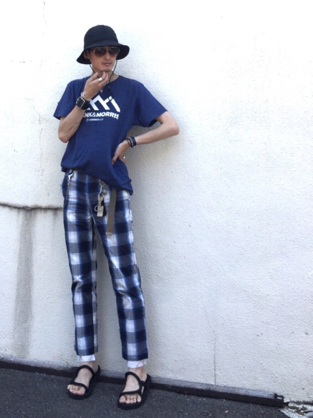 「FRANK&MORRIS、TAKAHIROMIYASHITA The SoloIst. 、mont-bell、mykita」｜「mont-bellのアイテム（ハット、ブラック系）」を使った、君嶋麻耶さん（メンズ・176cm）の夏コーディネートの1枚目の写真
