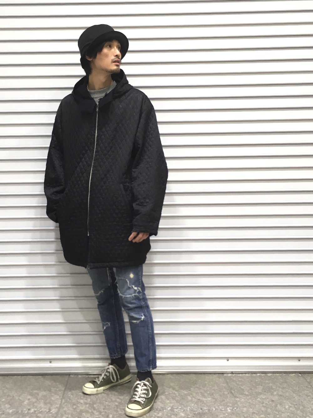 「vintage、Levi's、606、古着、yohjiyamamoto、Y’s、ヨウジヤマモト、キルティング、秋コーデ、ブラック」｜「Y’s for menのアイテム（ナイロンジャケット、ブラック系）」を使った、君嶋麻耶さん（メンズ・176cm）の秋コーディネートの1枚目の写真