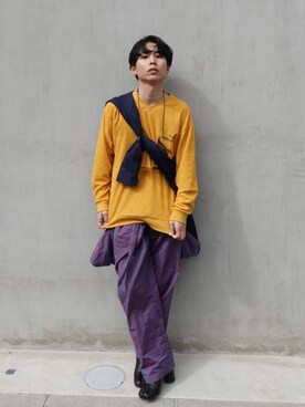 「アイテム（オールインワン・サロペット、パープル系）」を使った、Cheeseさん（メンズ・173cm）の春コーディネート