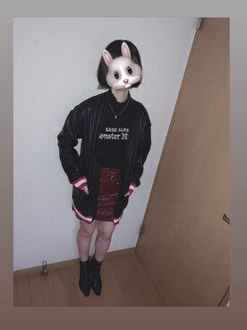 「Guess（ゲス）のアイテム（ライダースジャケット）」を使った、チビまるこさん（レディース・153cm）の冬コーディネート