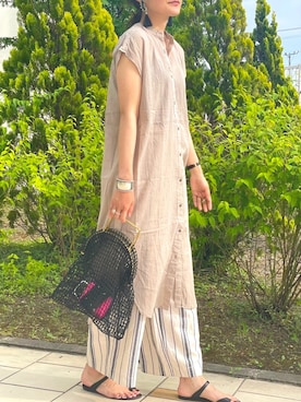 「シアーワンピース」｜「アイテム（シャツワンピース）」を使った、タカハシカナエさん（レディース・170cm）の夏コーディネート