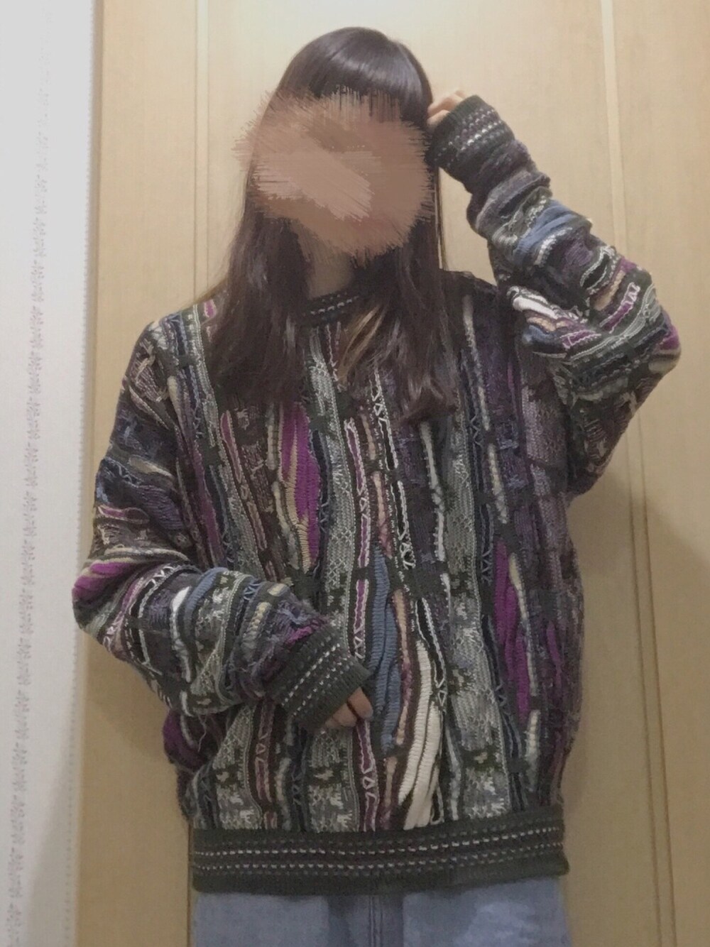 「COOGI風、COOGI、ニット、カラフルニット、古着、used、フリクロ」｜「usedのアイテム（ニット/セーター、グリーン系）」を使った、すまいる☻さん（レディース・164cm）の冬コーディネートの1枚目の写真
