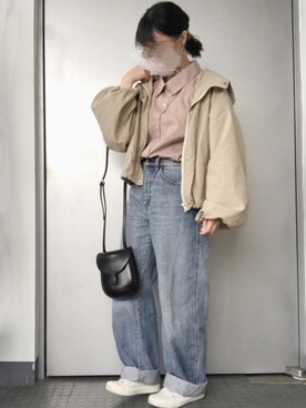 「UNIQLO（ユニクロ）のハイライズワイドストレートジーンズ（デニムパンツ）」を使った、ビ﹏台湾人日本在住さん（レディース・152cm）の春コーディネート