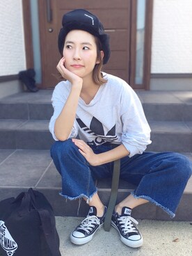 Miyu Yamaokaさんの「【飯窪春菜さん着用】裾フリンジデニムワイドパンツ」を使ったコーディネート