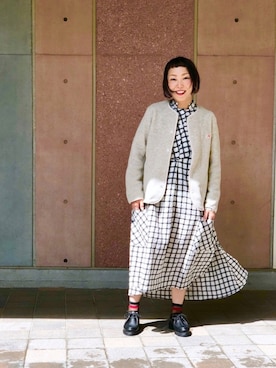 「チェックワンピース」｜「アイテム（ノーカラージャケット）」を使った、yamaayuさん（レディース・151cm）の秋コーディネート