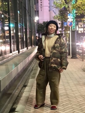 「サンダルに靴下」｜「アイテム（ダウンジャケット/コート）」を使った、yamaayuさん（レディース・151cm）の冬コーディネート