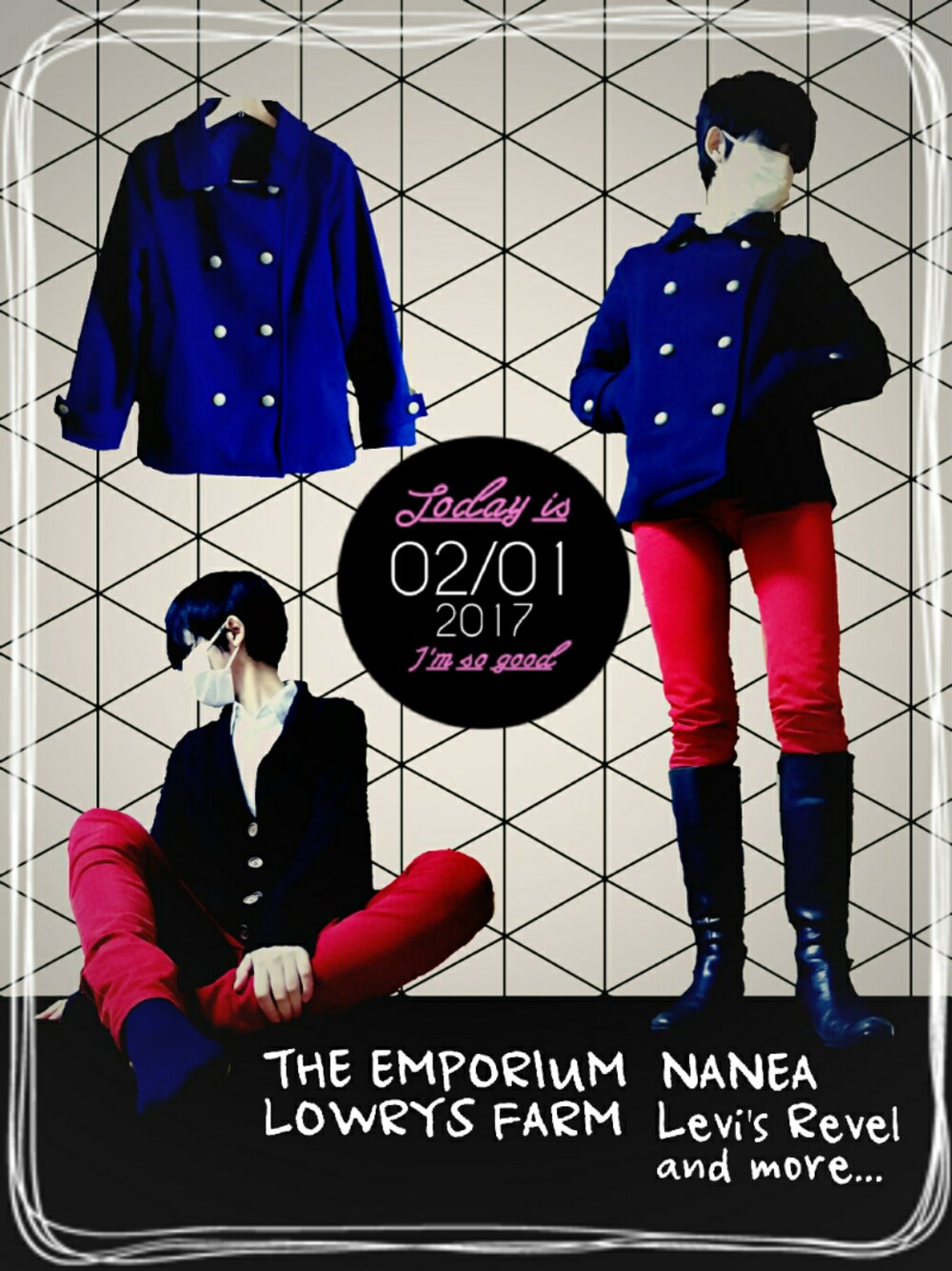 ブルー系のピーコート、レッド系のデニムパンツ、ホワイト系のシャツ/ブラウスを着用したレディースの冬コーディネートの1枚目の写真