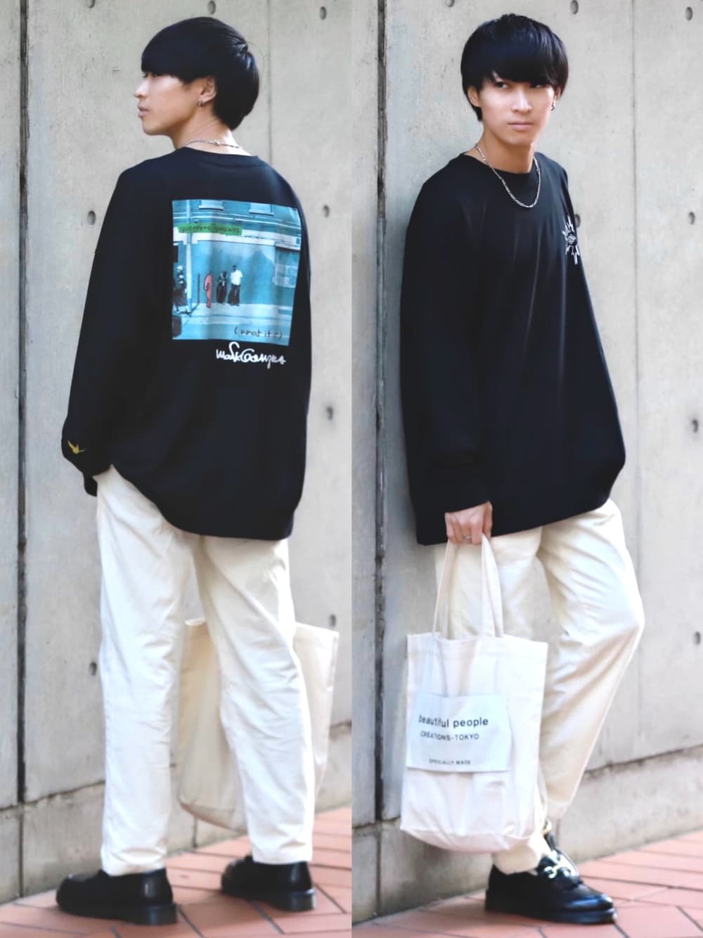 「ロンT、プリントT、白パンツ、GU、プチプラ、シェフパンツ、トートバッグ、秋コーデ、ローファー、モノトーン」｜「Mark GonzalesのMark Gonzales/マークゴンザレス 別注 ロゴ刺繍 イラスト＆フォト転写 ビッグシルエットロンT（Tシャツ/カットソー、ブラック系）」を使った、こーせ︎︎︎︎︎︎︎︎さん（メンズ・169cm）の秋コーディネートの1枚目の写真
