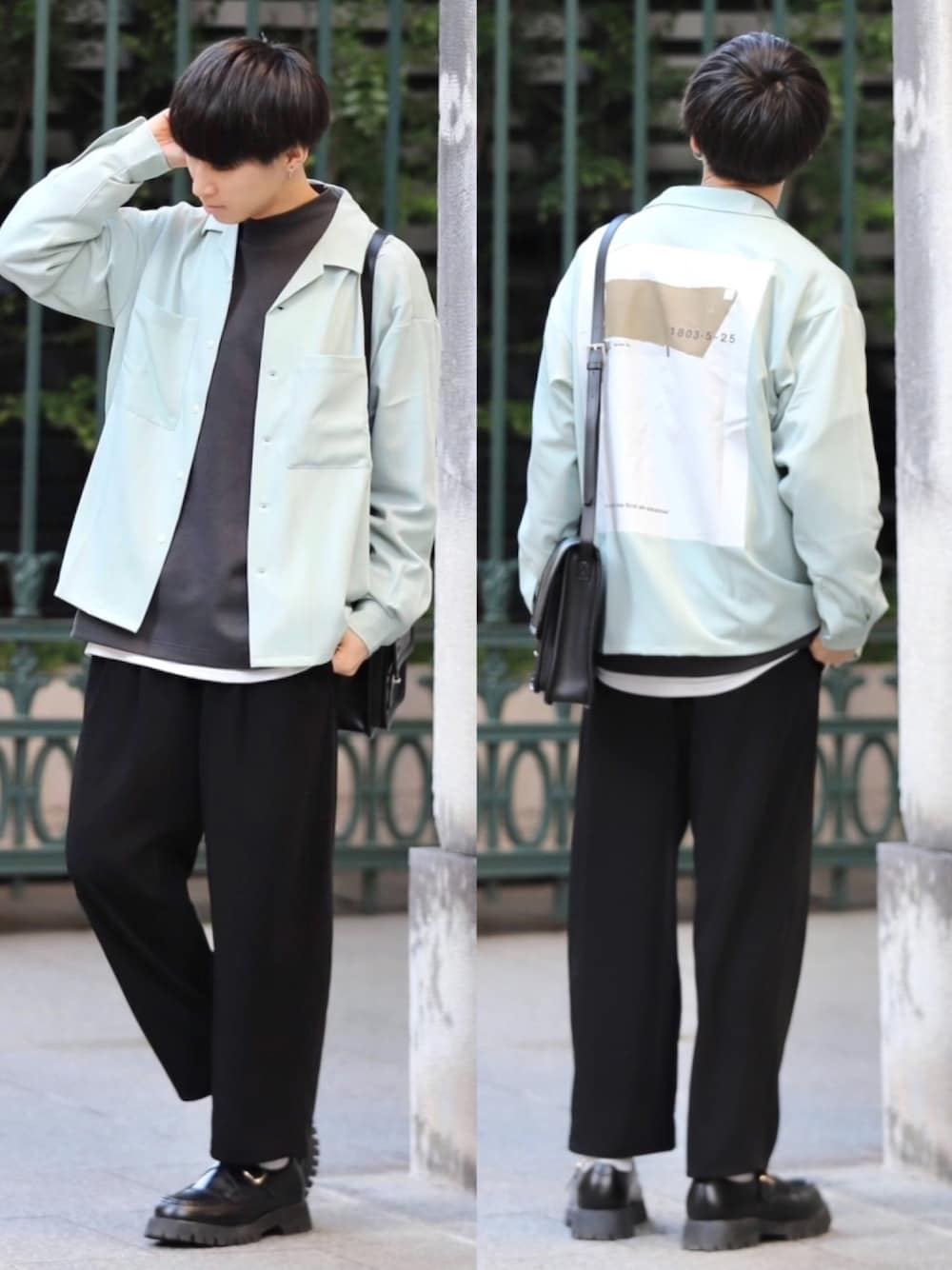 グリーン系のシャツ/ブラウス、グレー系のTシャツ/カットソー、ホワイト系のタンクトップを着用したメンズの冬コーディネートの1枚目の写真