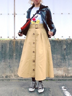 「トレンチスカート」｜「アイテム（ライダースジャケット）」を使った、eri♡さん（レディース・155cm）の春コーディネート