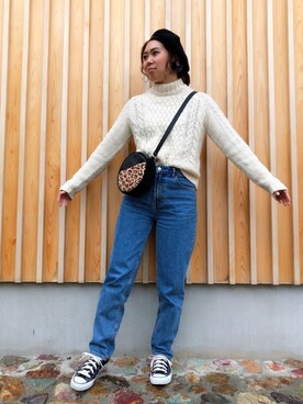 「マムジーンズ」｜「アイテム（ハンチング/ベレー帽）」を使った、eri♡さん（レディース・155cm）の秋コーディネート