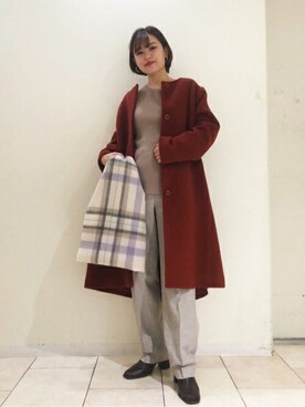 「アイテム（ノーカラーコート、オレンジ系）」を使った、N. STAFFさん（レディース・156cm）の秋コーディネート