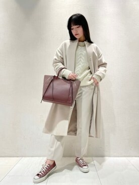 「白ニット」｜「アイテム（ノーカラーコート）」を使った、N. STAFFさん（レディース・163cm）の冬コーディネート