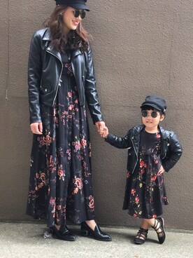 「親子でおそろい」｜「アイテム（ライダースジャケット）」を使った、y.u.n.o.nさん（レディース・163cm）の春コーディネート