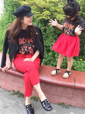 「ロックT」｜「アイテム（ライダースジャケット）」を使った、y.u.n.o.nさん（レディース・163cm）の春コーディネート