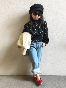 「GU（ジーユー）のアイテム（トレンチコート）」を使った、y.u.n.o.nさん（キッズ・110cm）の春コーディネート