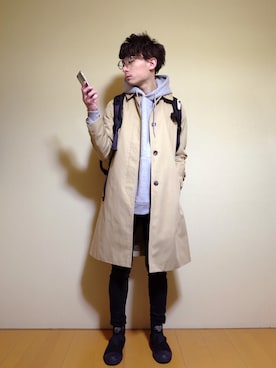 「プルオーバーパーカー」｜「アイテム（ステンカラーコート）」を使った、Aoiさん（メンズ・165cm）の冬コーディネート