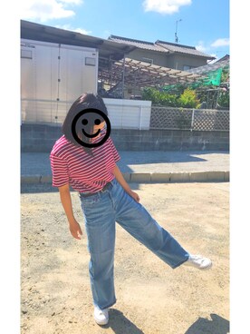 「GU（ジーユー）のアイテム（T Shirts、レッド系）」を使った、さくらさん（レディース・145cm）の夏コーディネート