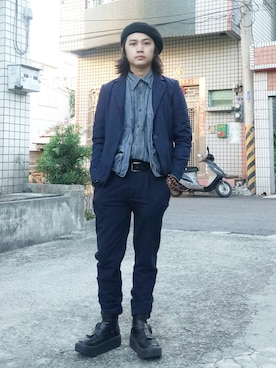 「EDWIN」｜「アイテム（ハンチング/ベレー帽）」を使った、游仁傑さん（メンズ・168cm）の秋コーディネート
