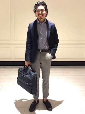 「アイテム（ビジネスバッグ、ブルー系）」を使った、細川さん（メンズ・171cm）の夏コーディネート