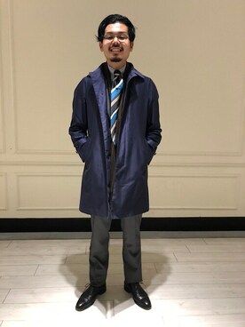 「アイテム（ステンカラーコート、ブルー系）」を使った、細川さん（メンズ・171cm）の冬コーディネート