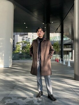 「SHIPS（シップス）のアイテム（ステンカラーコート）」を使った、細川さん（メンズ・171cm）の秋コーディネート