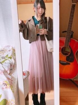 「MERCURYDUO（マーキュリーデュオ）のアイテム（カーディガン/ボレロ）」を使った、Stephanieさん（レディース・163cm）の秋コーディネート