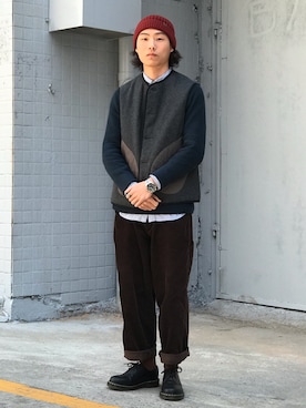 「盐系风格」｜「アイテム（チノパンツ）」を使った、川林鹿野さん（メンズ・170cm）の冬コーディネート