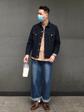 「日系极简」｜「アイテム（デニムジャケット）」を使った、川林鹿野さん（メンズ・170cm）の春コーディネート