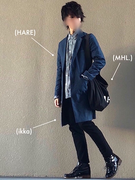 「MHL.」｜「アイテム（チェスターコート）」を使った、まゆげりーーーたさん（メンズ・169cm）の秋コーディネート