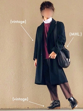「MHL.」｜「アイテム（チェスターコート）」を使った、まゆげりーーーたさん（メンズ・169cm）の秋コーディネート