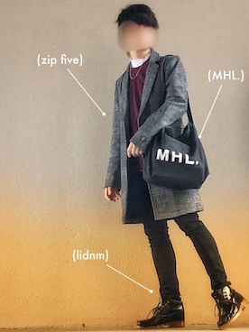 「MHL.」｜「アイテム（チェスターコート）」を使った、まゆげりーーーたさん（メンズ・169cm）の冬コーディネート