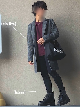 「MHL.」｜「アイテム（チェスターコート）」を使った、まゆげりーーーたさん（メンズ・169cm）の冬コーディネート