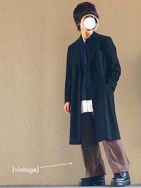 「オーバーサイズコート」｜「アイテム（スラックス）」を使った、まゆげりーーーたさん（メンズ・169cm）の冬コーディネート