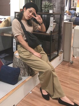 「UNIQLO（ユニクロ）のワッフルクルーネックT（5分袖）（Tシャツ/カットソー）」を使った、saaaeさん（レディース・158cm）の秋コーディネート